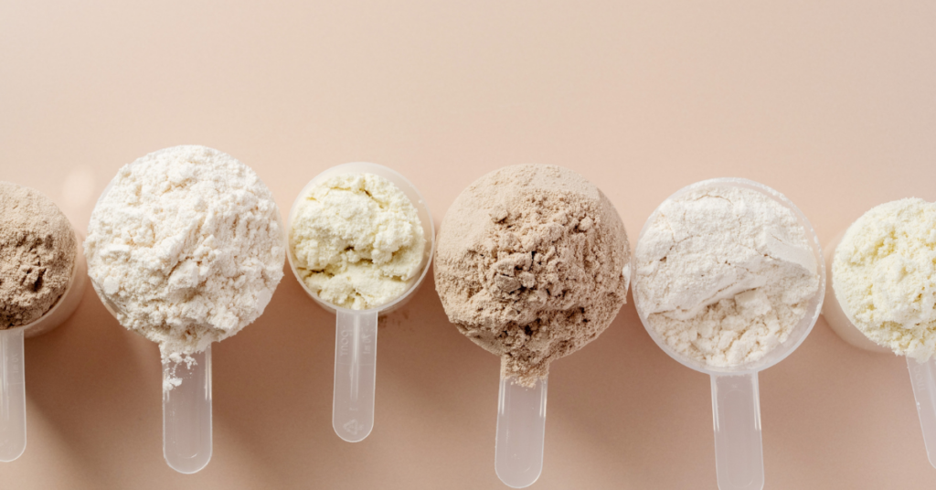 nutritional, protein, and meal replacement drink powder scoops in different flavours and colours.